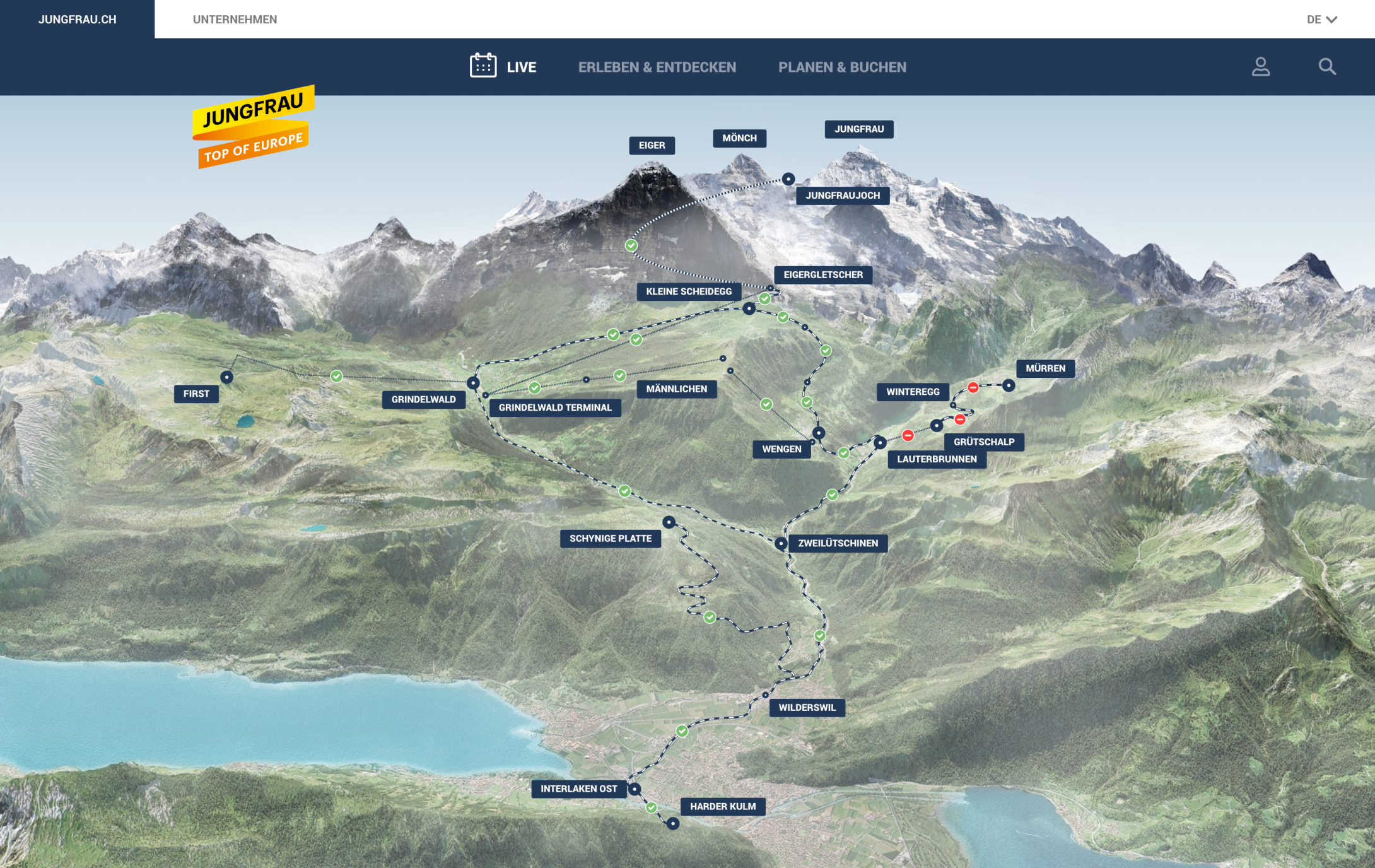 Screenshot einer Live-Karte mit Streckenverläufen, Gipfeln und Haltestellen der Jungfraubahnen auf der Jungfrau-Website