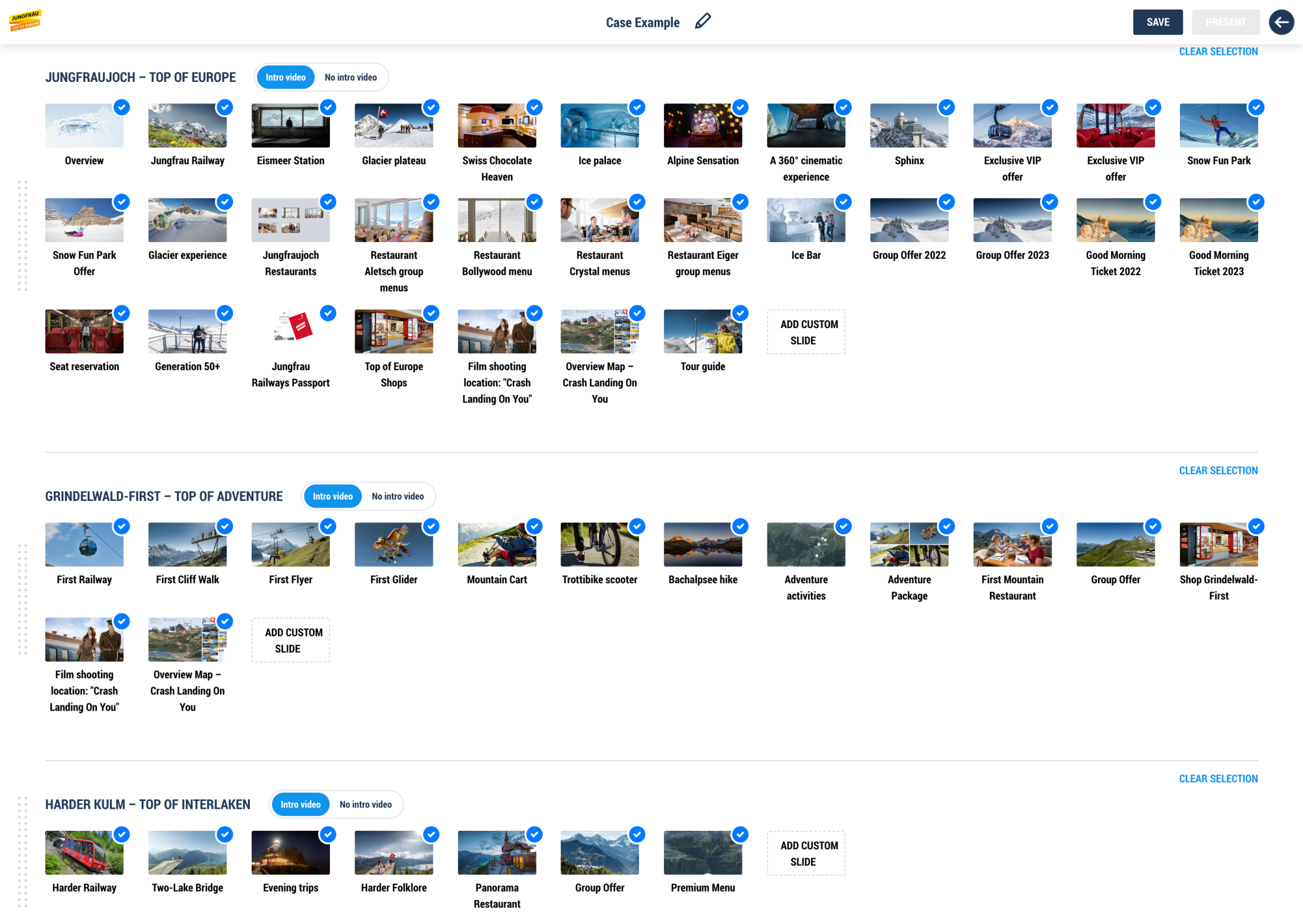Screenshot des Editors in der Jungfraubahnen Sales App in der eine Überblick mit Präsentationen der Regionen angezeigt wird und ausgewählt ist
