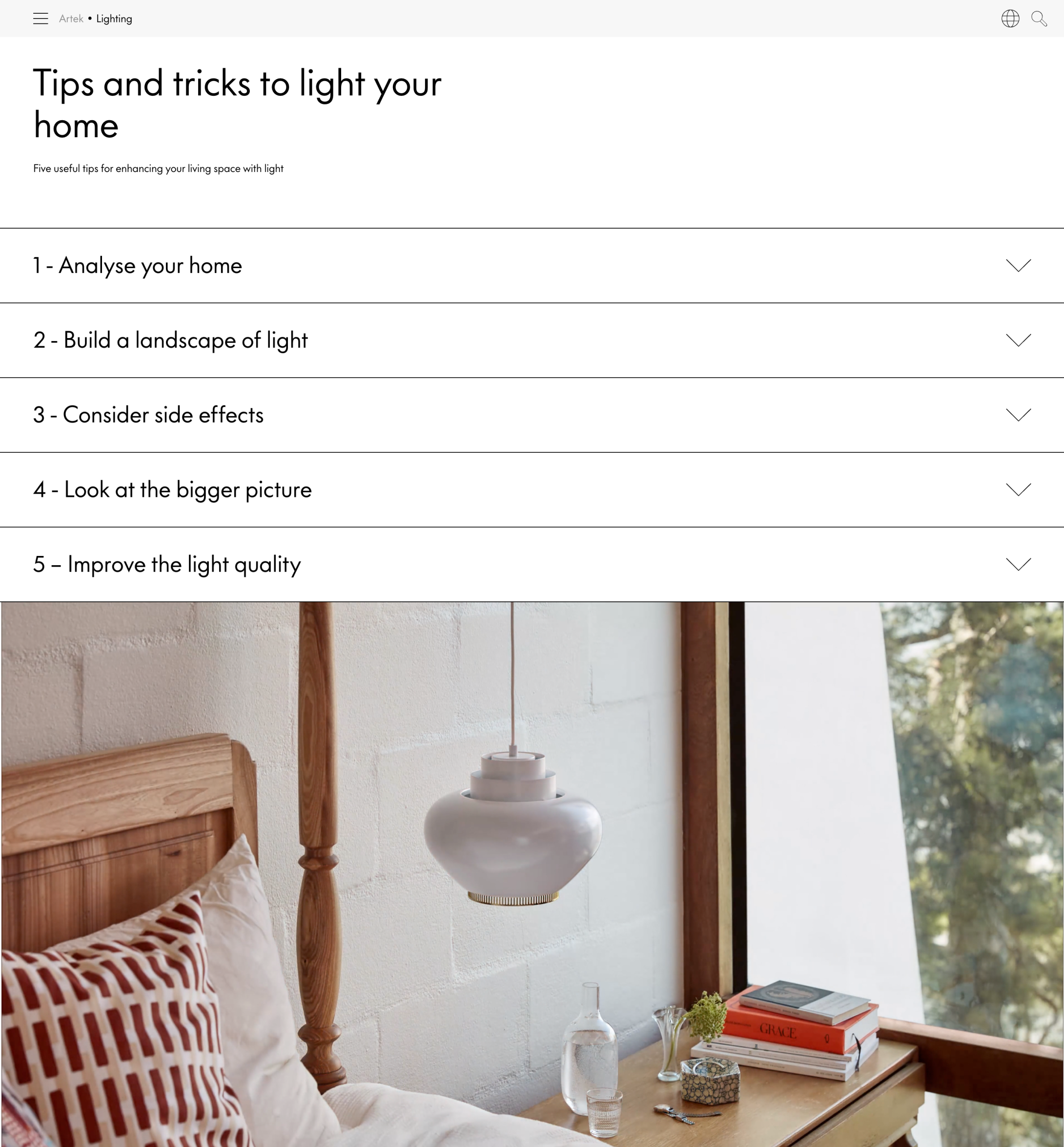 Screenshot eines Artek Produkt-Guides mit 5 Schritten zur Gestaltung des Wohnraums und einem Foto eines Bett mit Nachttisch