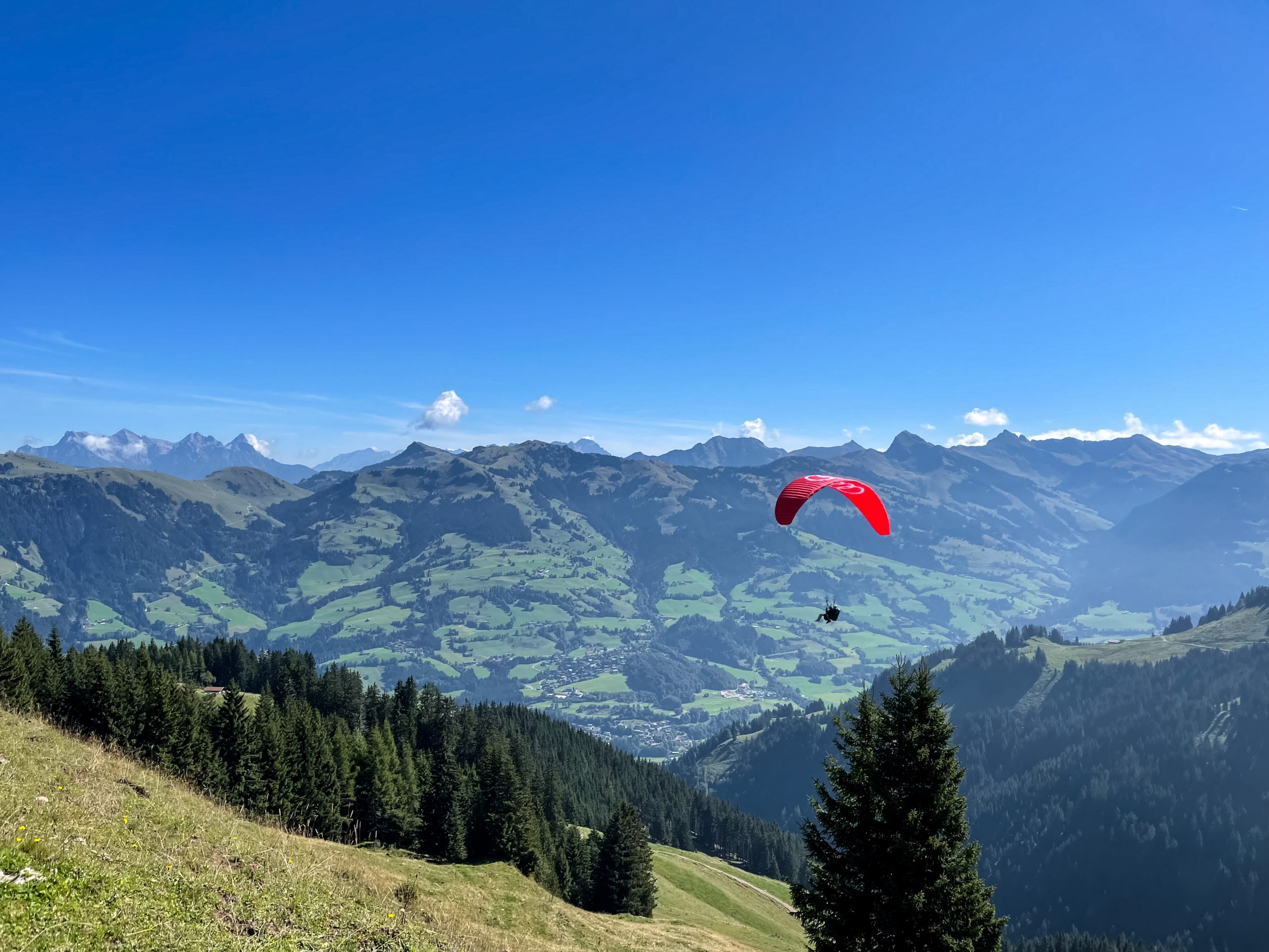 Ein Paraglider mit rotem Schirm im Flug über Kitzbühel, im Hintergrund die Alpen