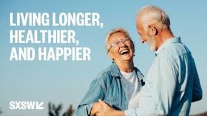 Ein älteres Paar hält sich lachend an den Händen, daneben der Schriftzug The Missing Key to Living Longer, Healthier, and Happier