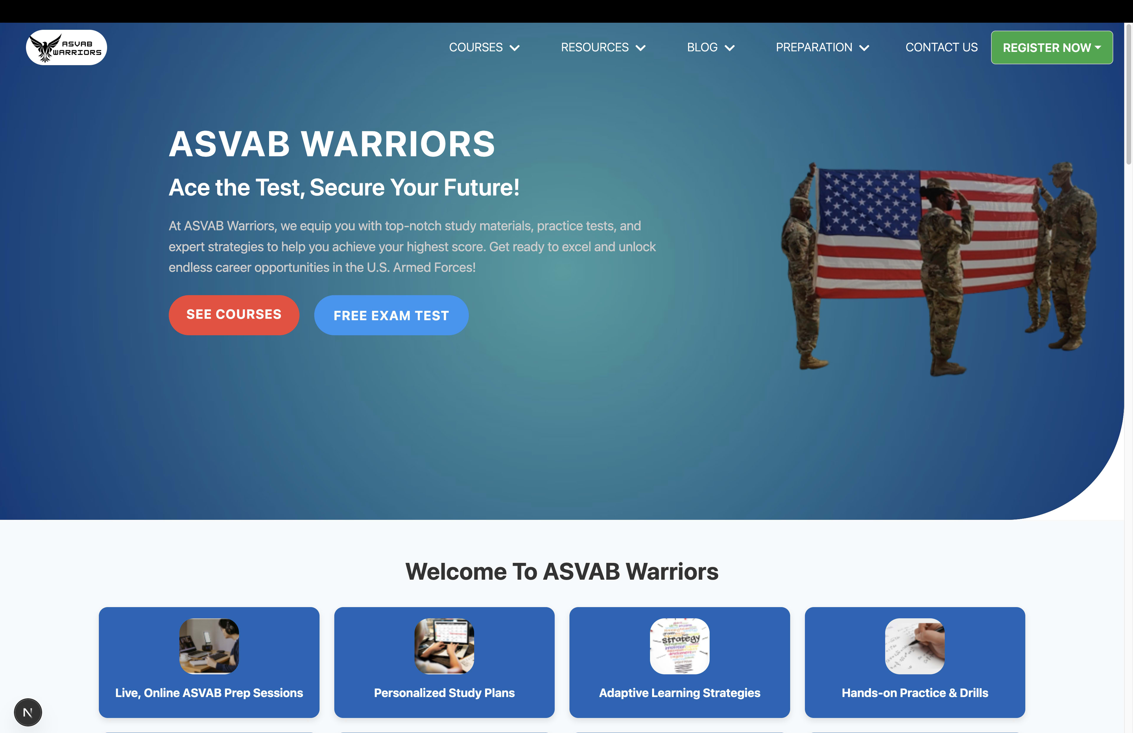 ASVAB WARRIORS website developed, designed and built by Nirmeva Studio — Bespoke Precision Engineering Web App Screenshot