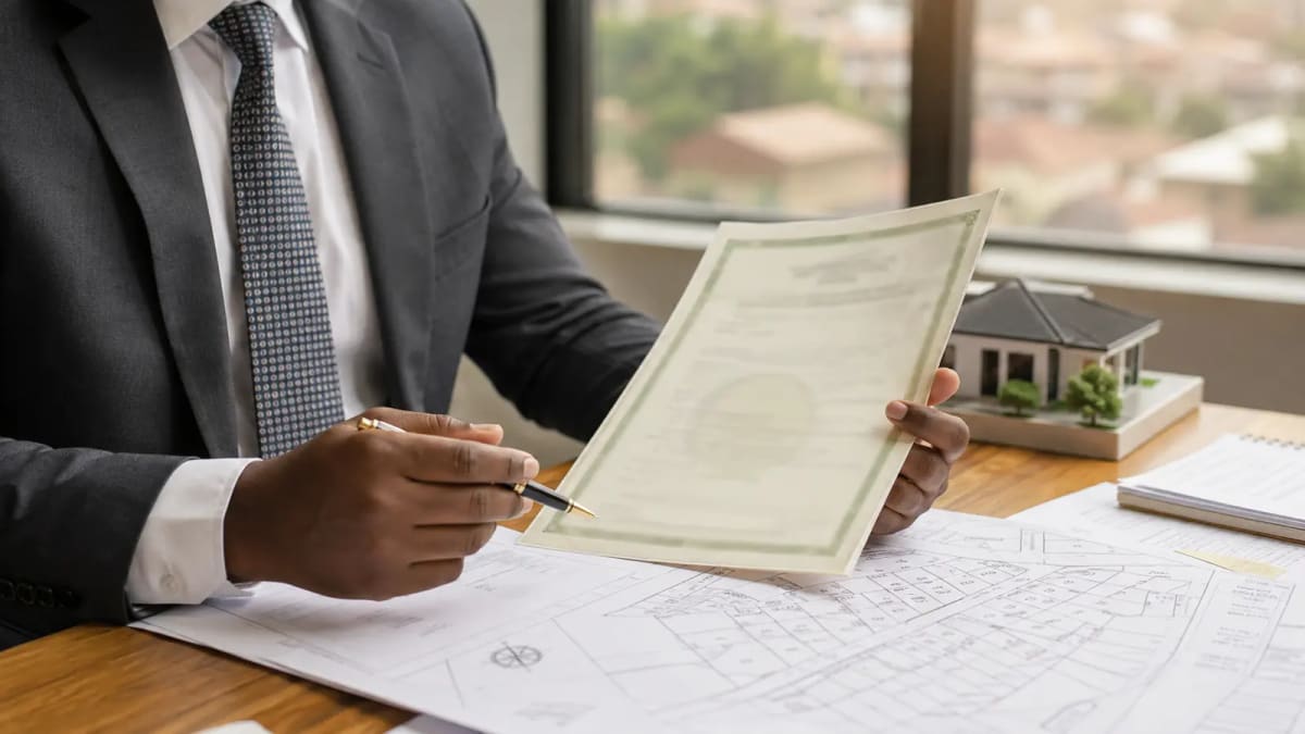 Property professional reviewing land title documents and a survey plan
