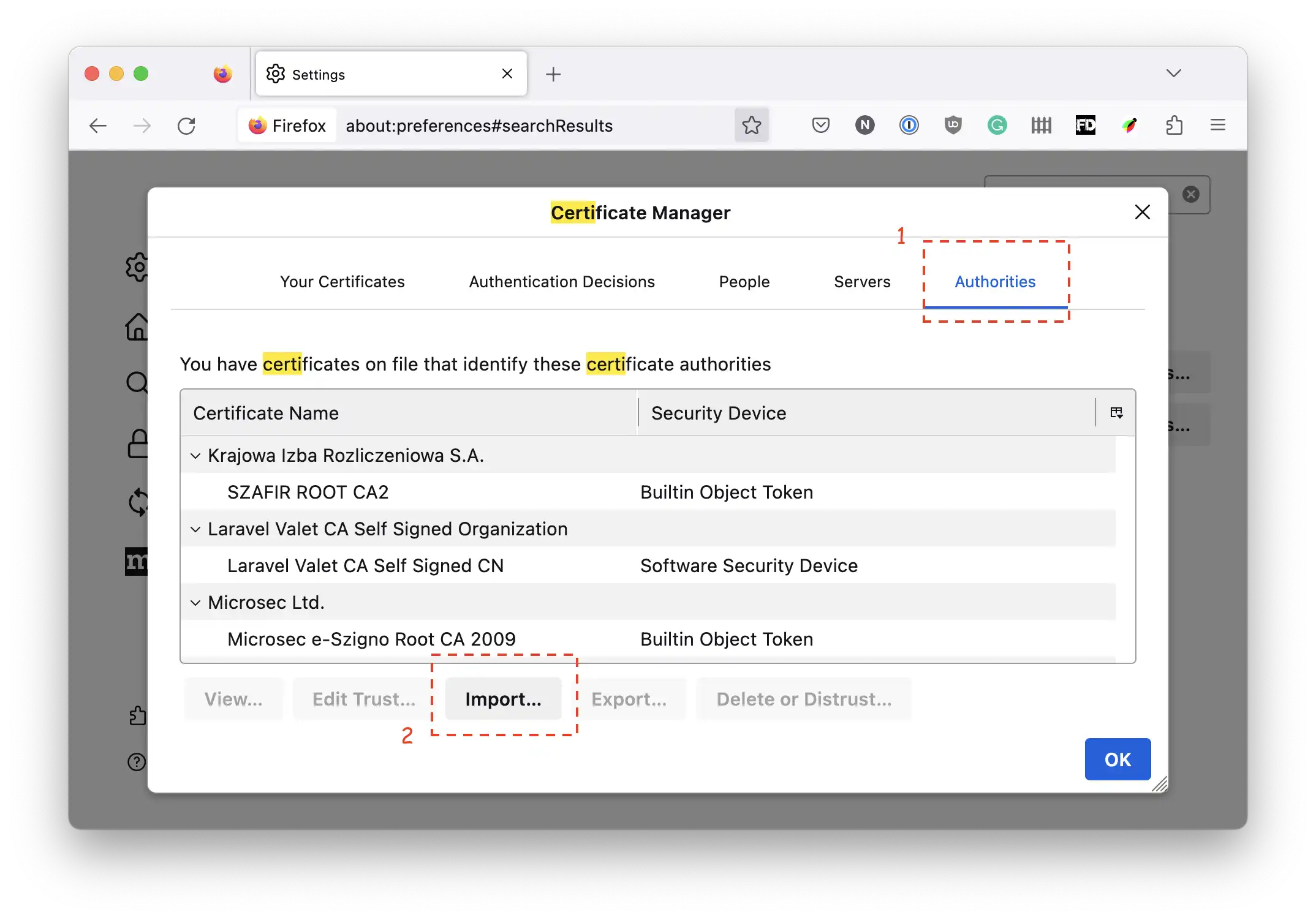 a screenshot a screenshot of firefor 116 certificate manager settings