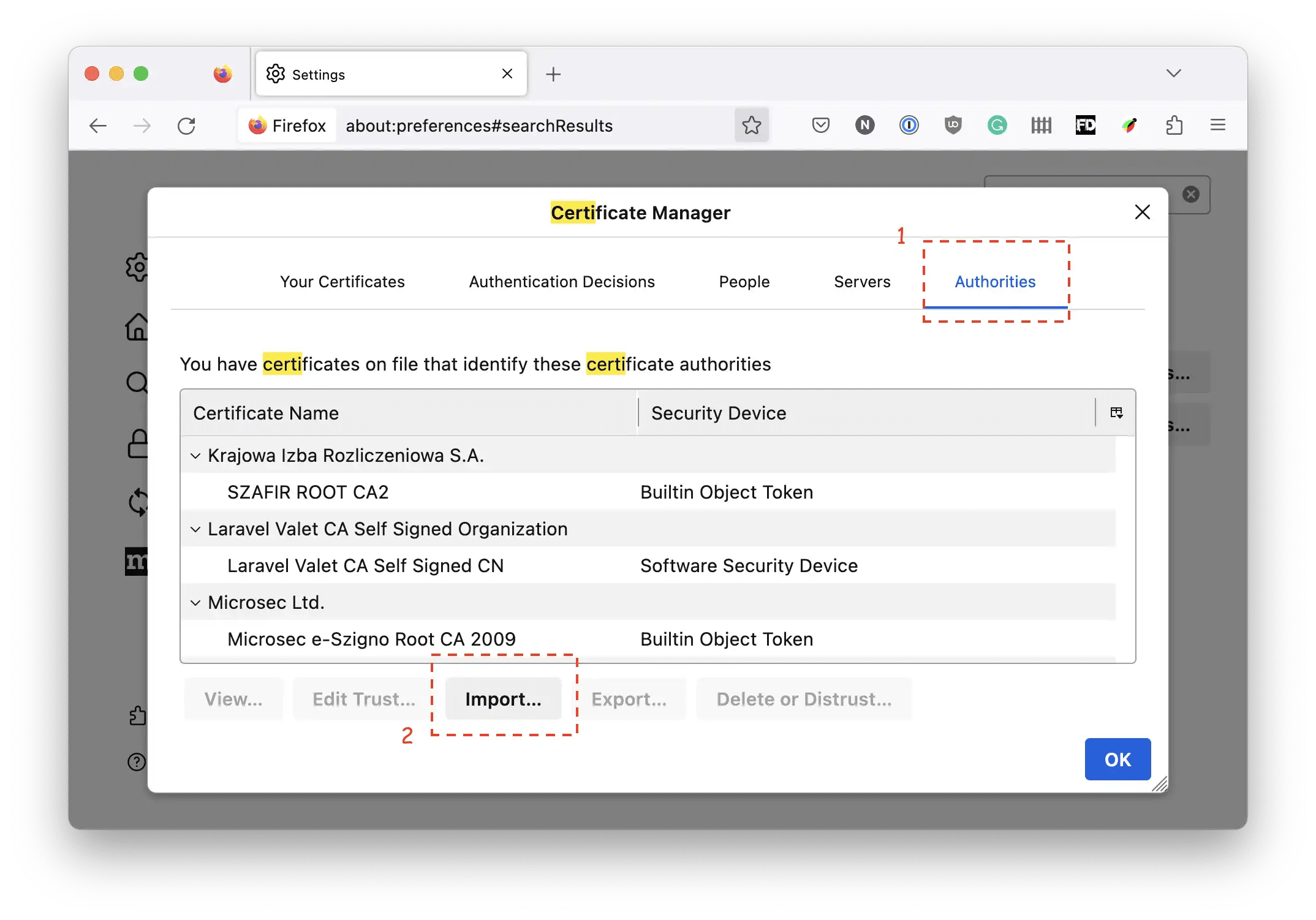 a screenshot a screenshot of firefor 116 certificate manager settings