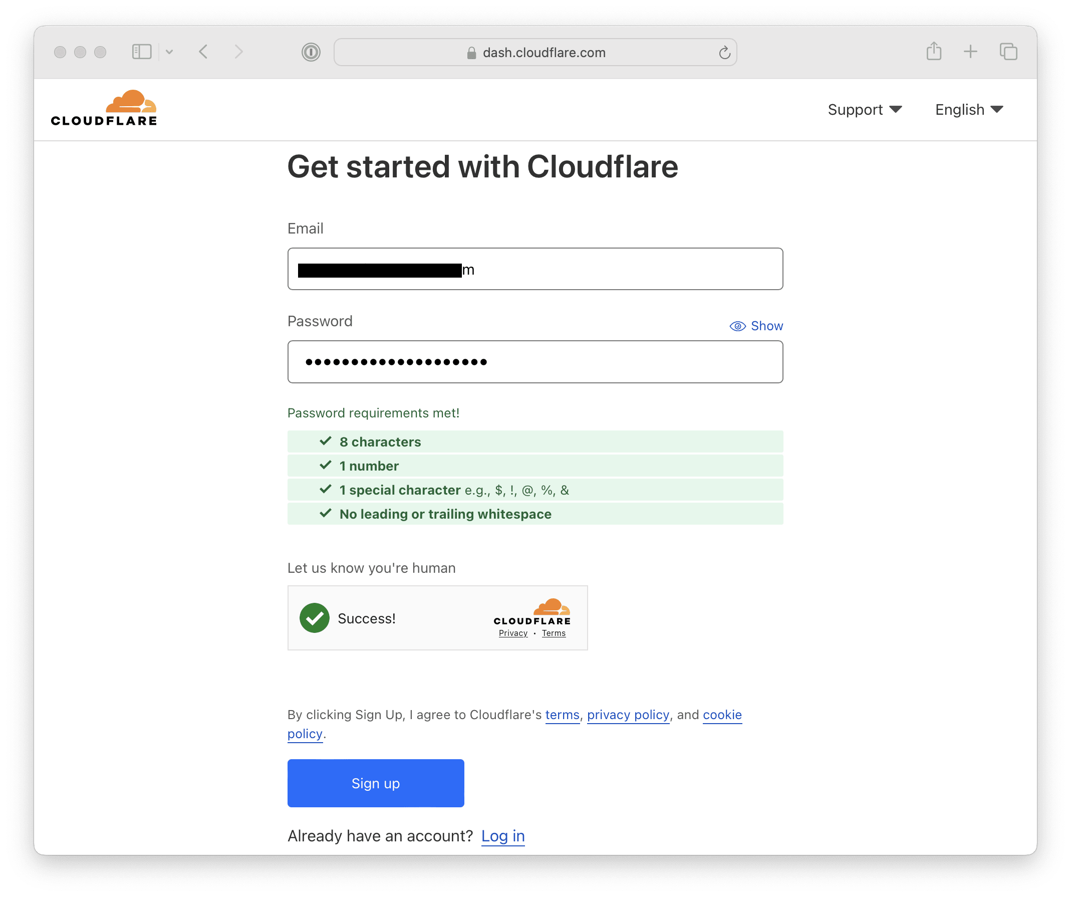 a screenshot of cloudflare sign up page