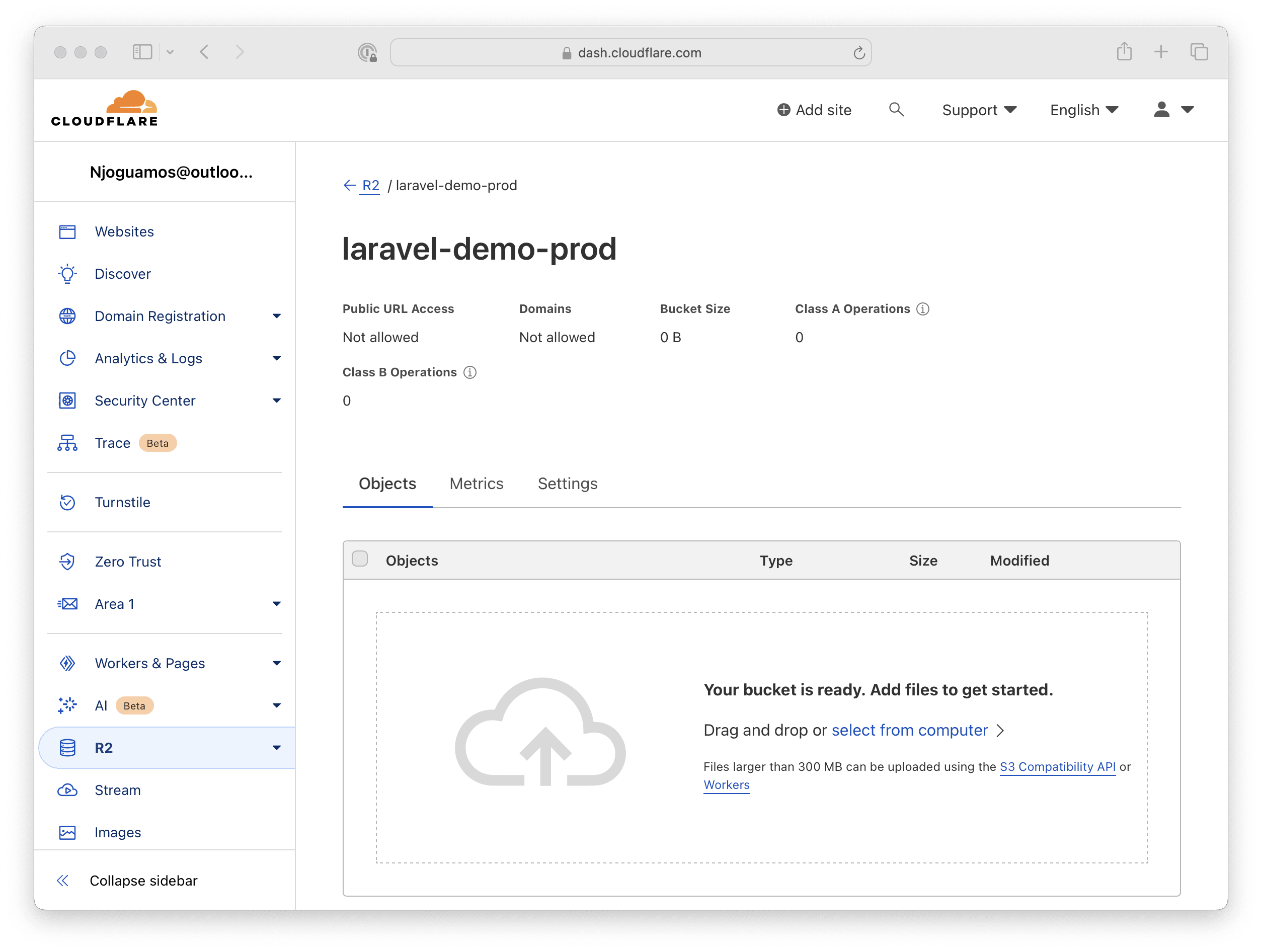 a screenshot of cloudflare r2 empy bucket