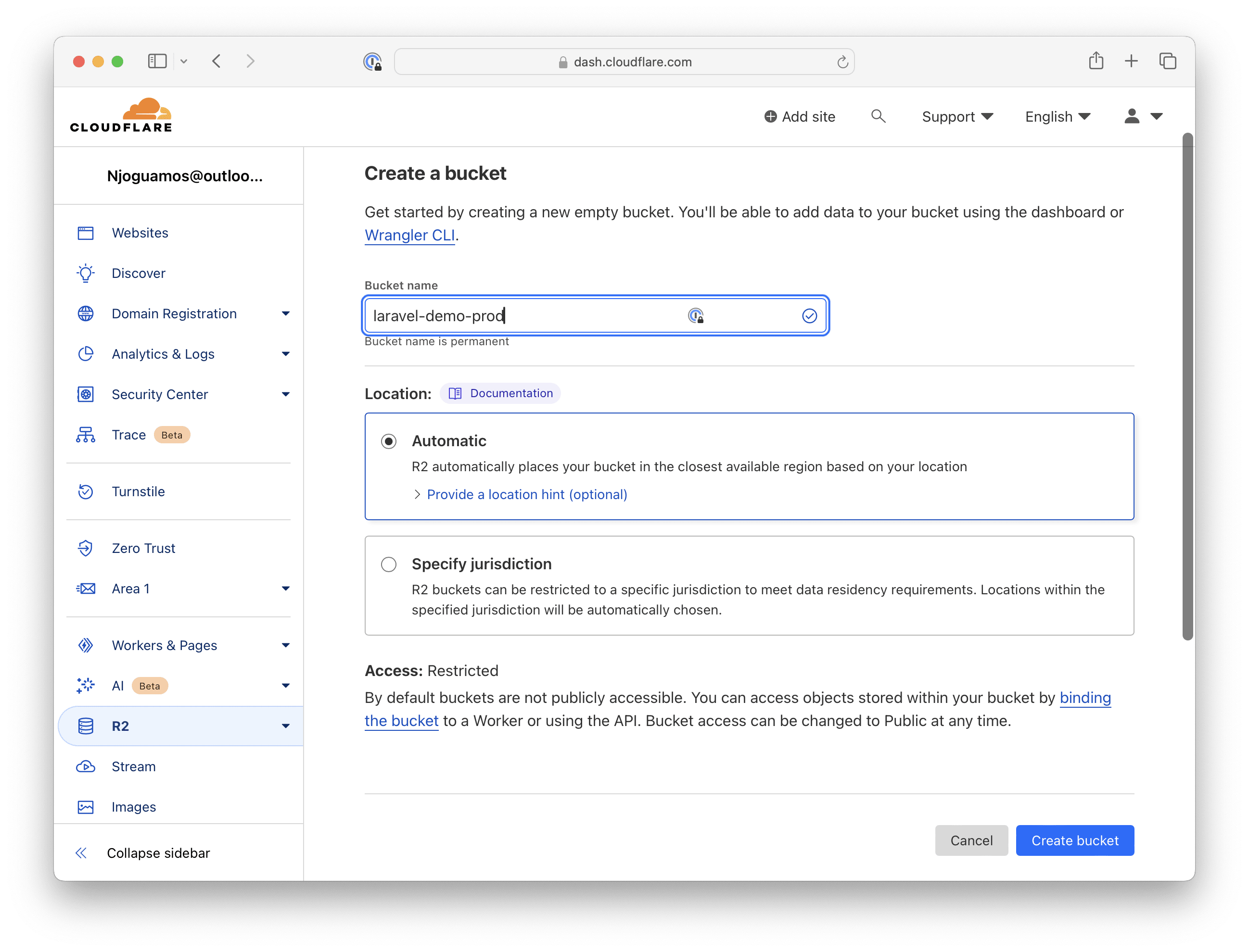 a screenshot of cloudflare r2 create bucket form