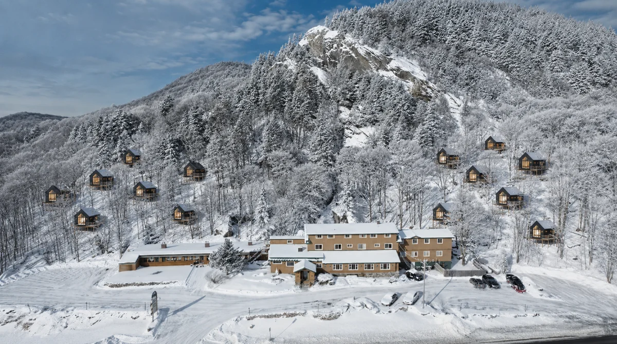 The full property in winter with fourteen cabins