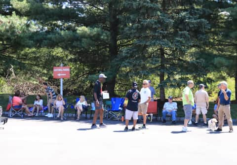 Club members sitting in or near the tall pines providing shade, talking amongst each other.