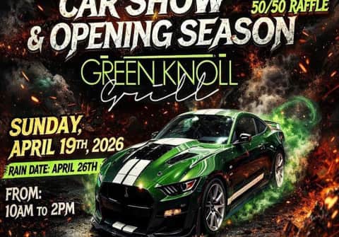 A green Ford Mustang Super Snake grill with white stripes over the hood, roof and deck.  The hood sports intake ducts and a rear spoiler