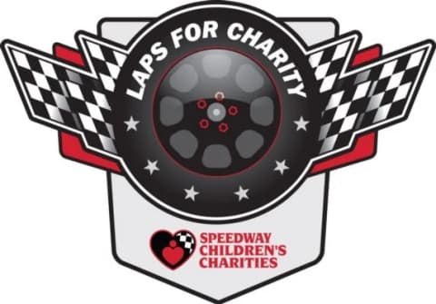 Checkered flags in front of a racing wheel and tire, noting Speedway Children's Charities