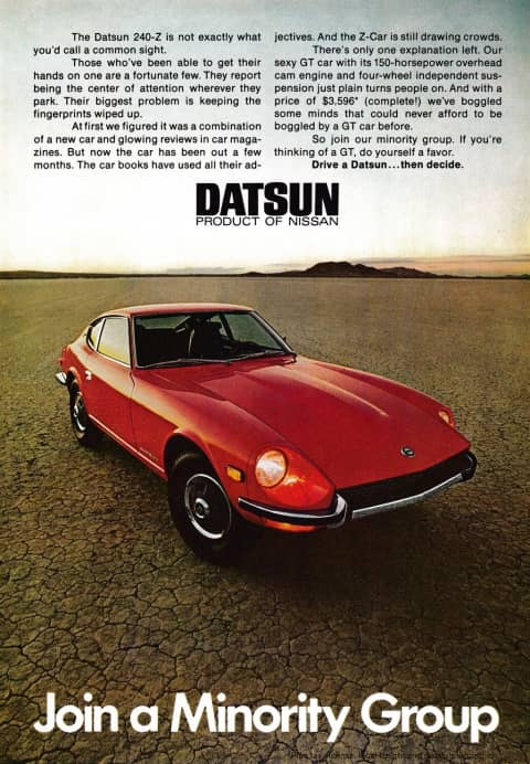 1971 240Z ad titled 'Join a minority group'