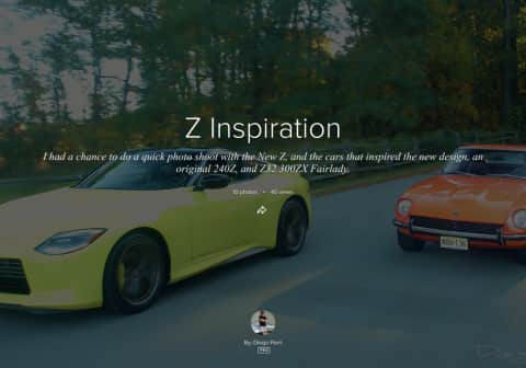 Yellow 2023 Z Proto Spec & Orange 1971 240Z driving on a tree lined road with autumn colored leaves
