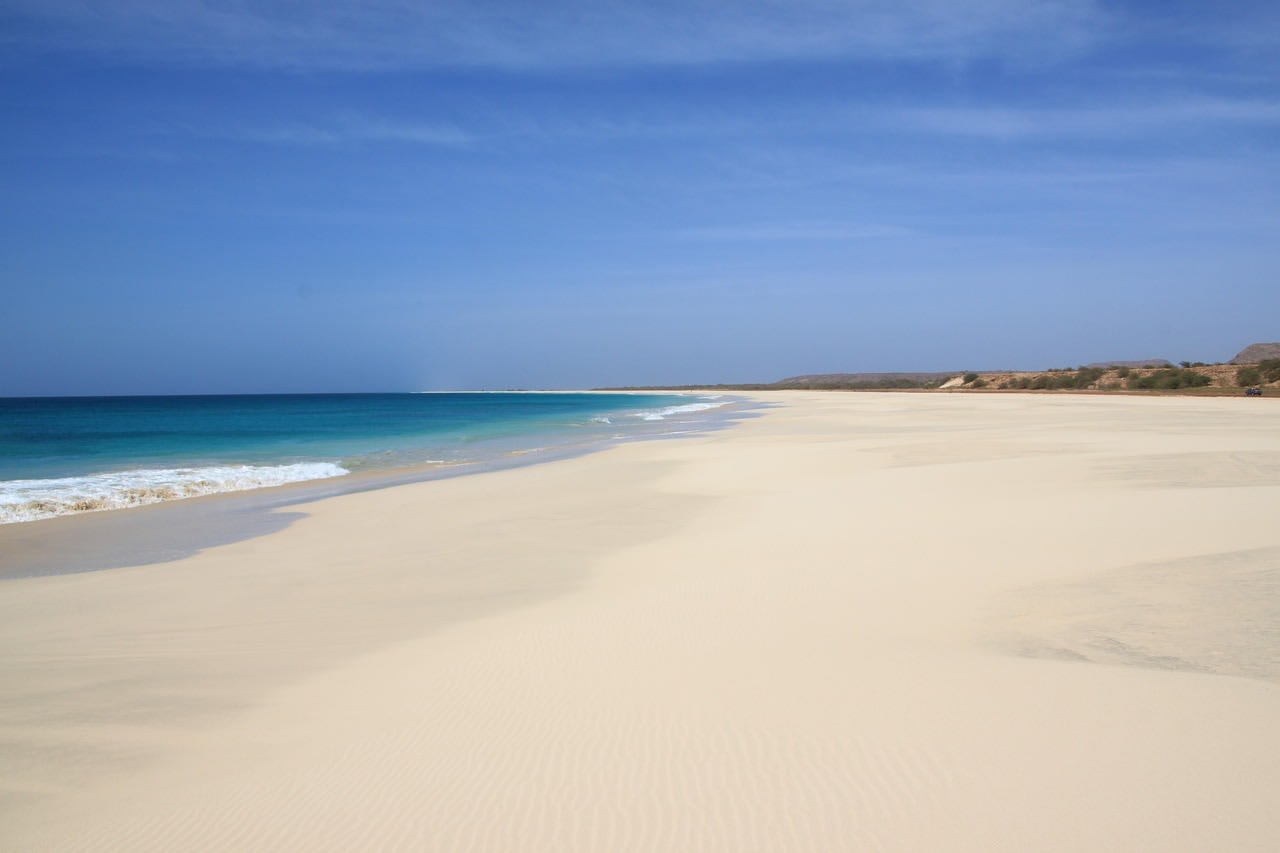 Longue plage de sable blanc déserte bordée d’une mer turquoise sous un ciel bleu dégagé, dunes arides à l’arrière-plan