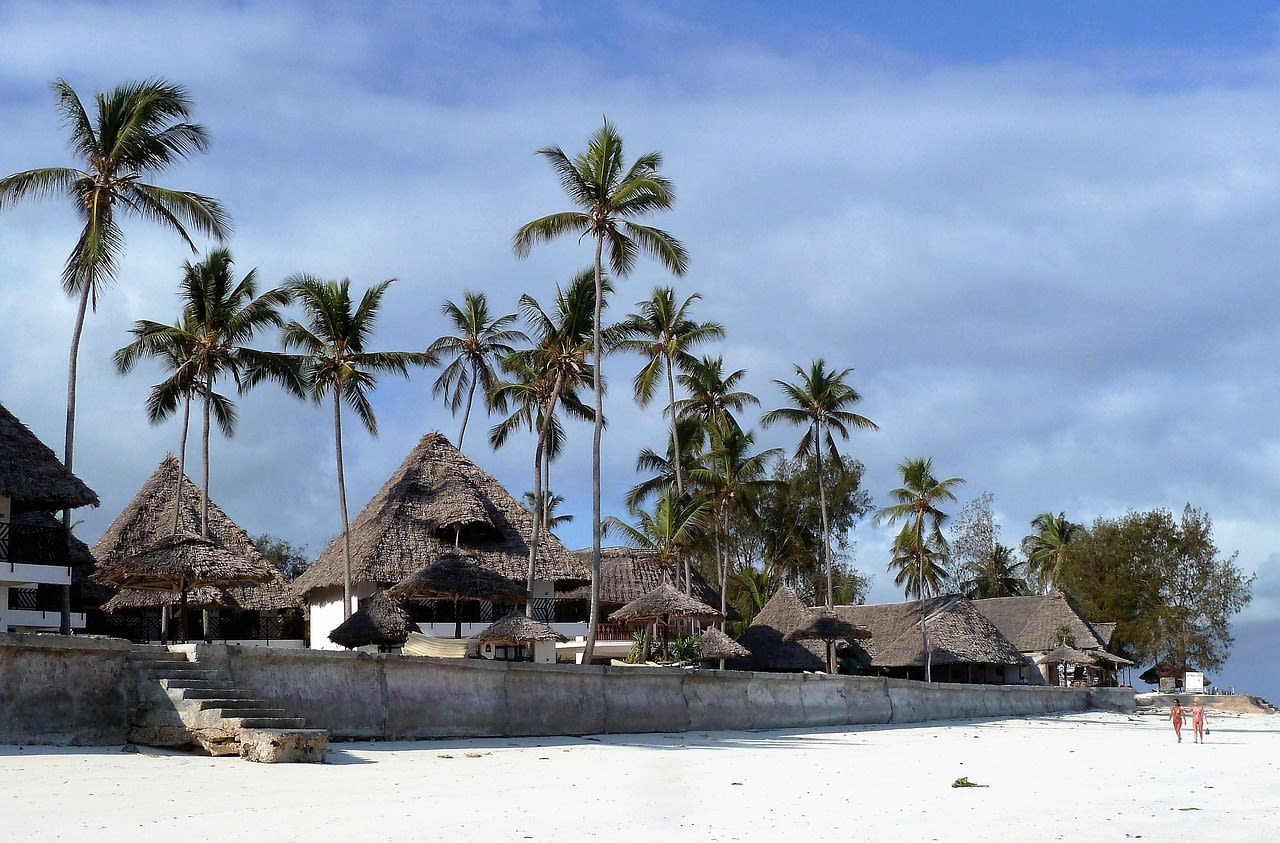Rangée de bungalows de plage sous chaume et cocotiers devant une plage de sable blanc presque déserte