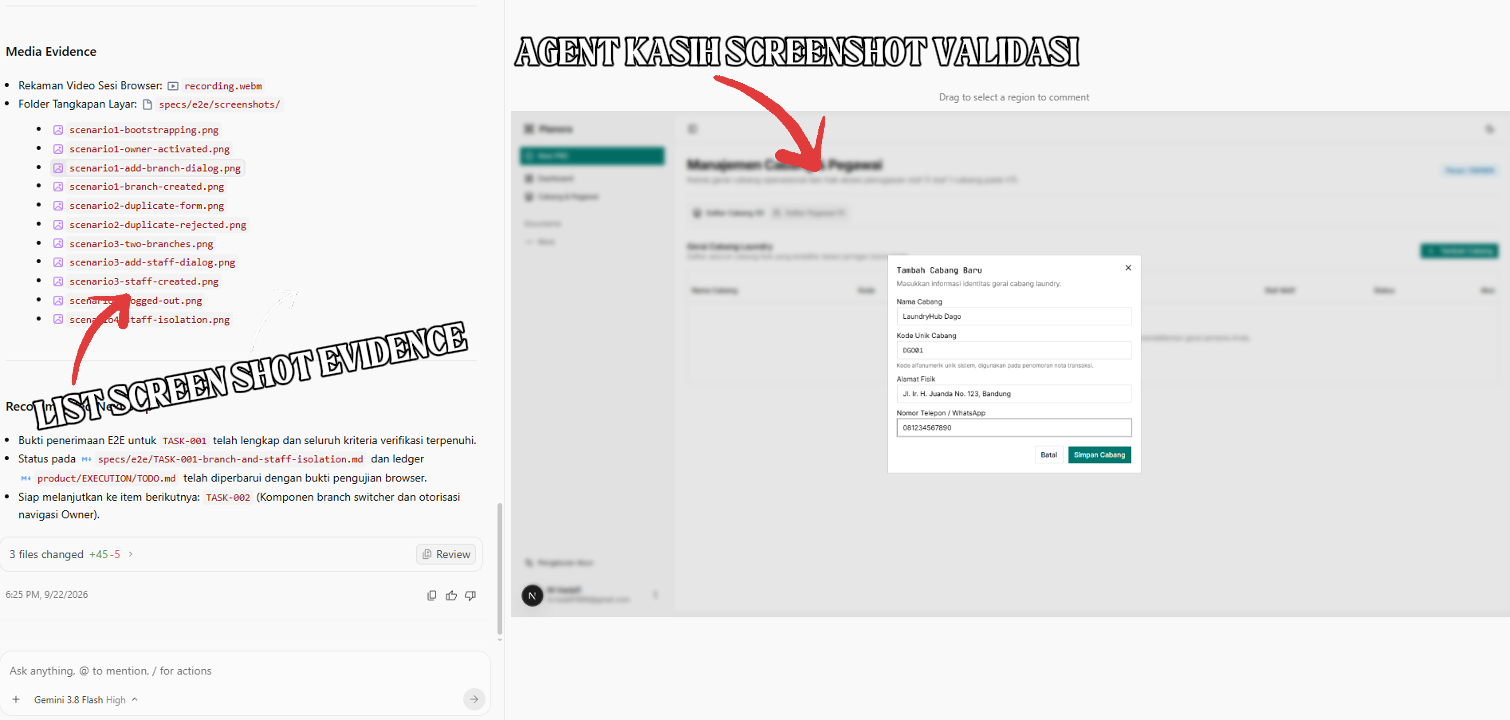 Screenshot hasil pemeriksaan UI aplikasi oleh agent di browser