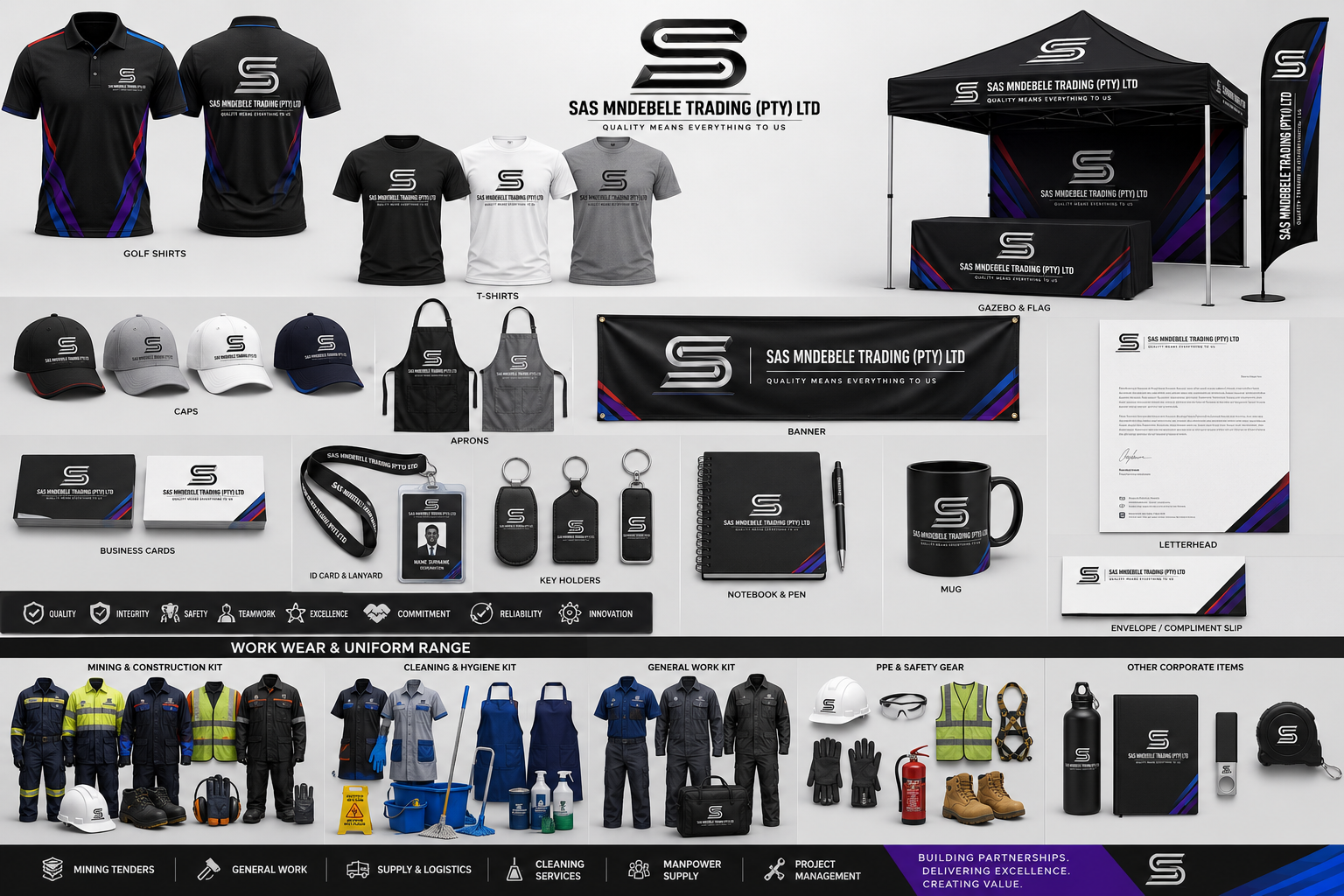SAS Mndebele Trading corporate branding, workwear, mining PPE, cleaning uniforms and promotional products