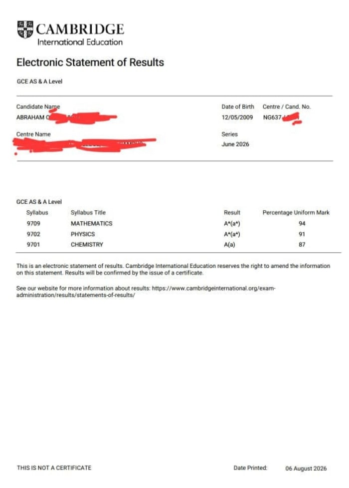 Student result in an international examination