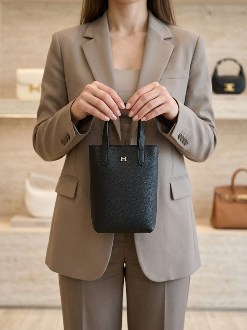 Hermès İkonik H Logolu Mini Tote Çanta - Koyu Kahverengi Dokulu Deri - 1