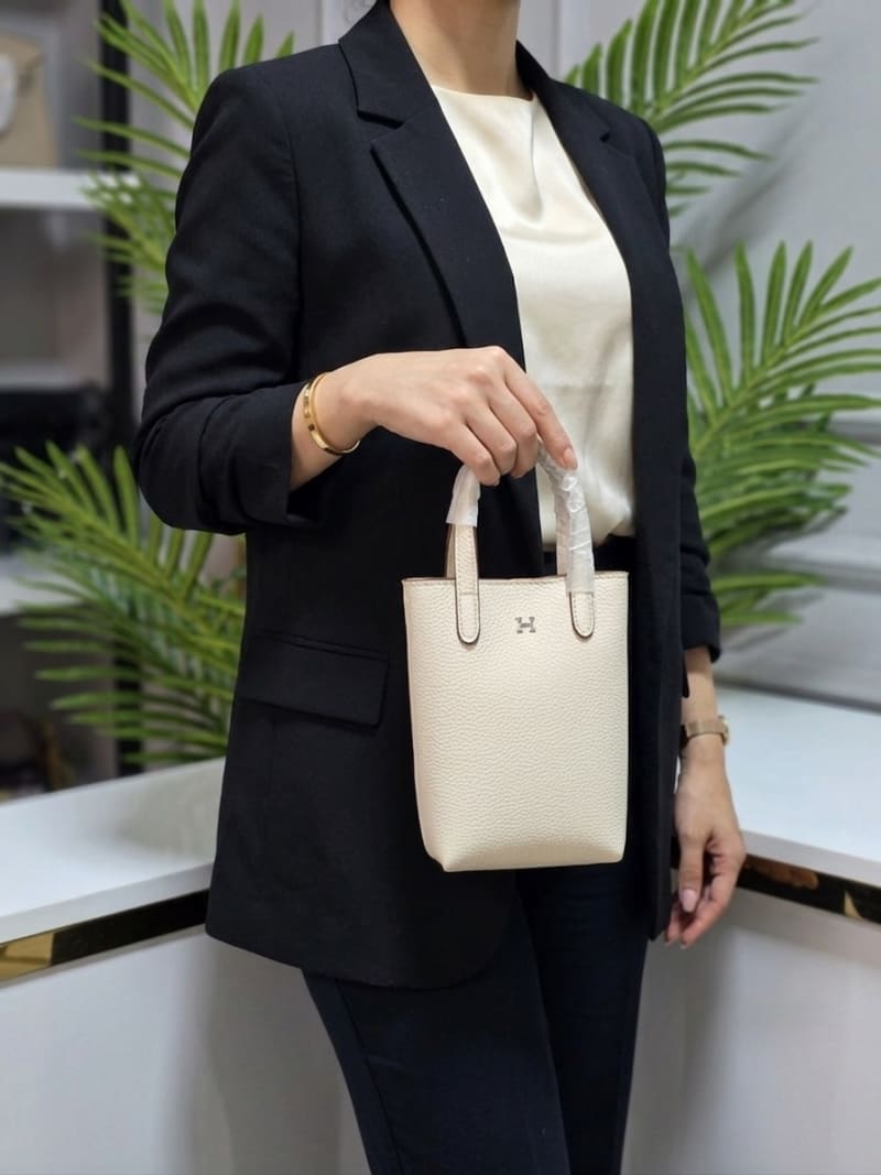 Hermès İkonik H Logolu Mini Tote Çanta - Krem/Açık Bej Dokulu Deri - 1