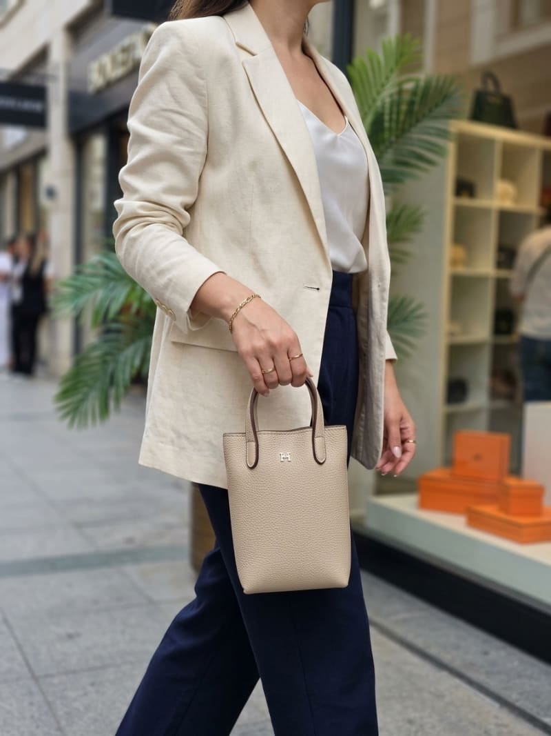 Hermès İkonik H Logolu Mini Tote Çanta - Açık Bej (Krem) Dokulu Deri - 1