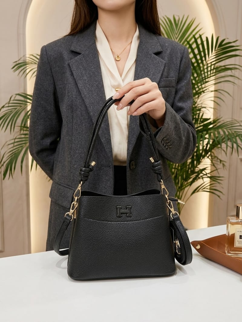 Hermès İkonik H Logolu Siyah Dokulu Deri El ve Çapraz Çanta - 1