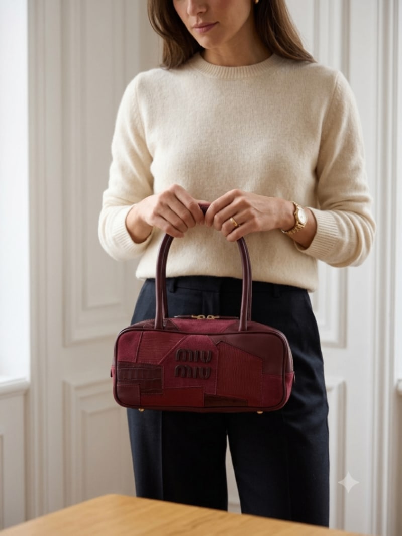 Miu Miu İkonik Logolu Patchwork Bordo Deri El Çantası - 1