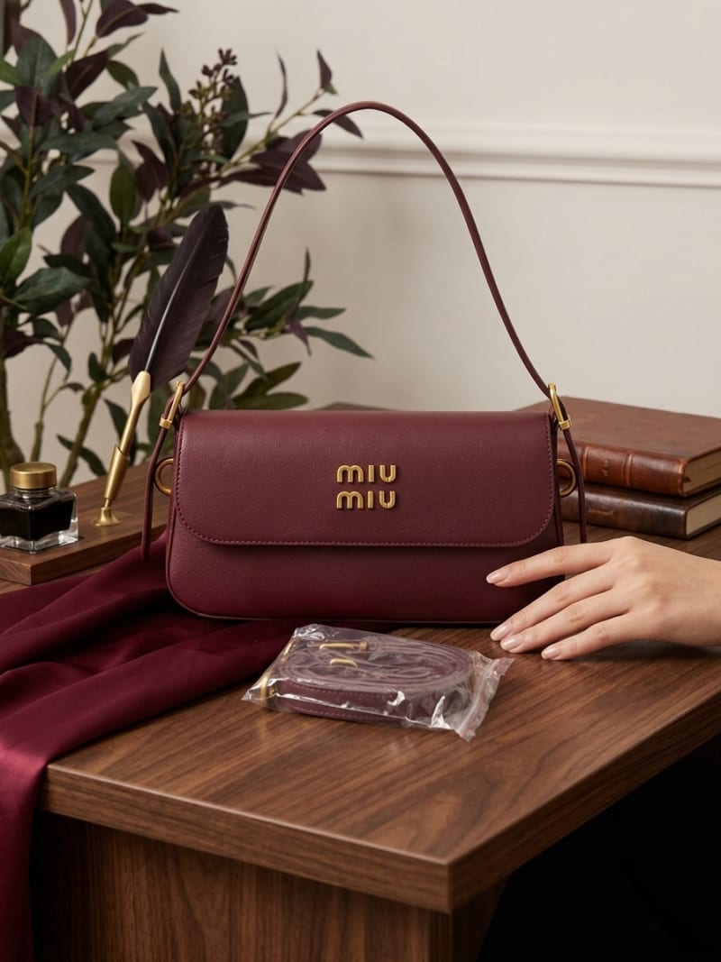 Miu Miu İkonik Metal Logolu Kapaklı Bordo Deri Omuz ve Çapraz Çanta - 1