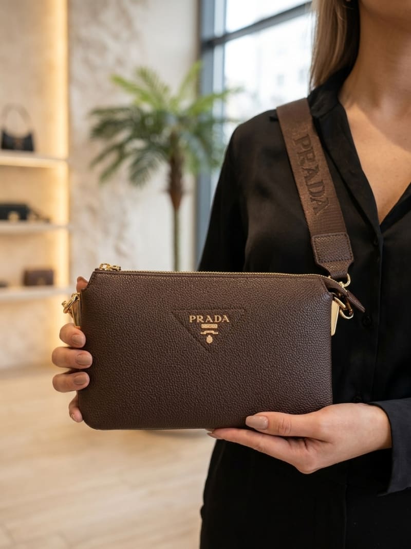 Prada İkonik Üçgen Logolu Koyu Kahverengi Dokulu Deri Çapraz ve Omuz Çantası - Logolu Kumaş Askılı - 1