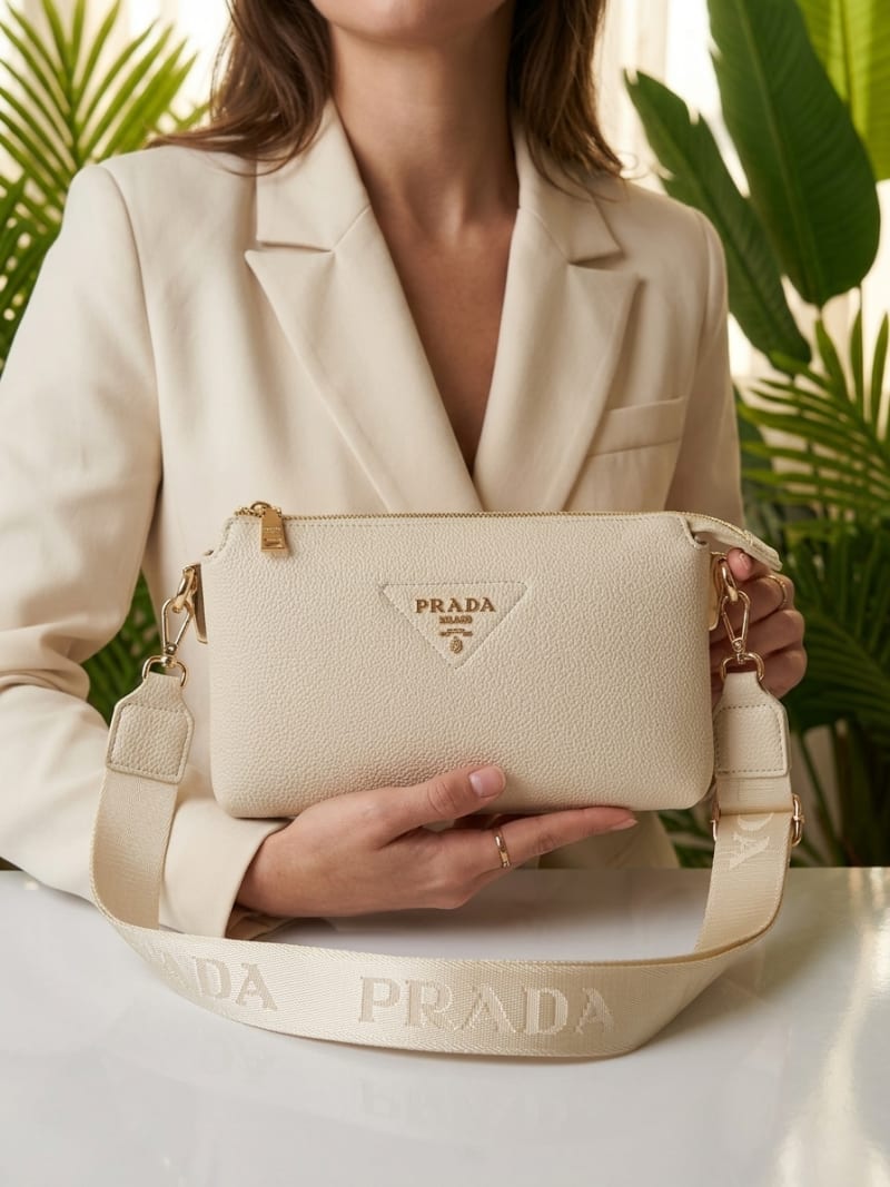 Prada İkonik Üçgen Logolu Krem Dokulu Deri Çapraz ve Omuz Çantası - Logolu Kumaş Askılı - 1