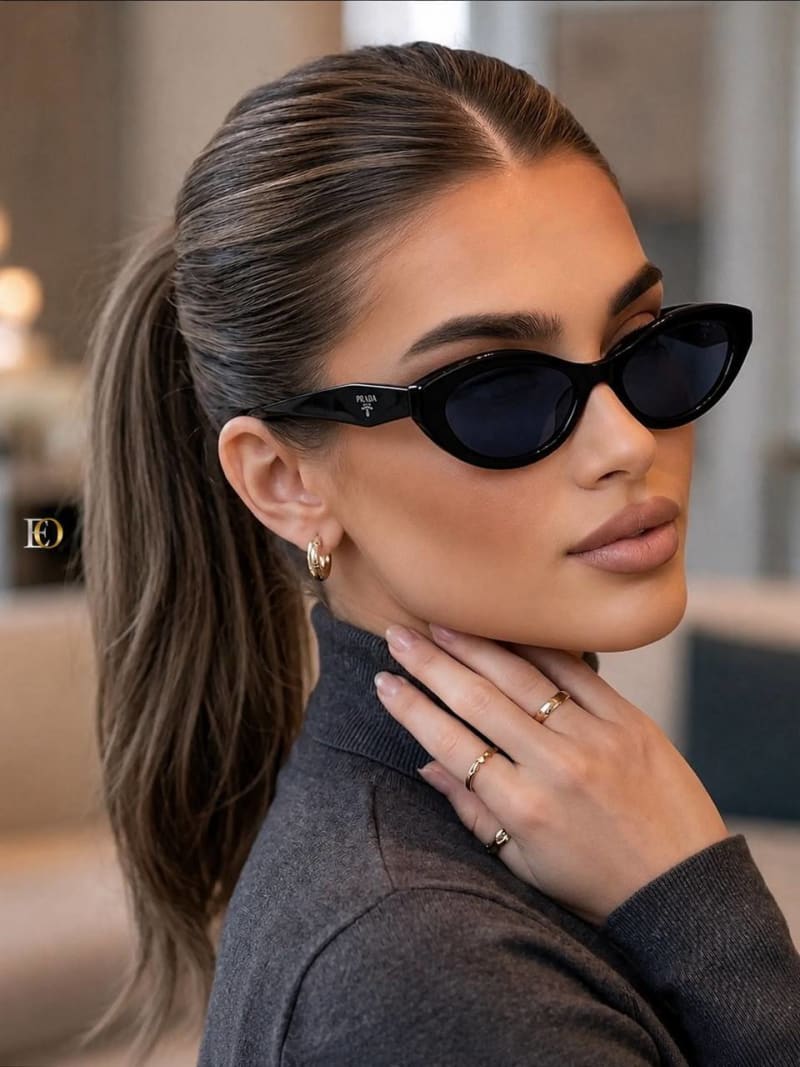 Prada Oval Lüks Kadın Güneş Gözlüğü (Siyah)  - 1