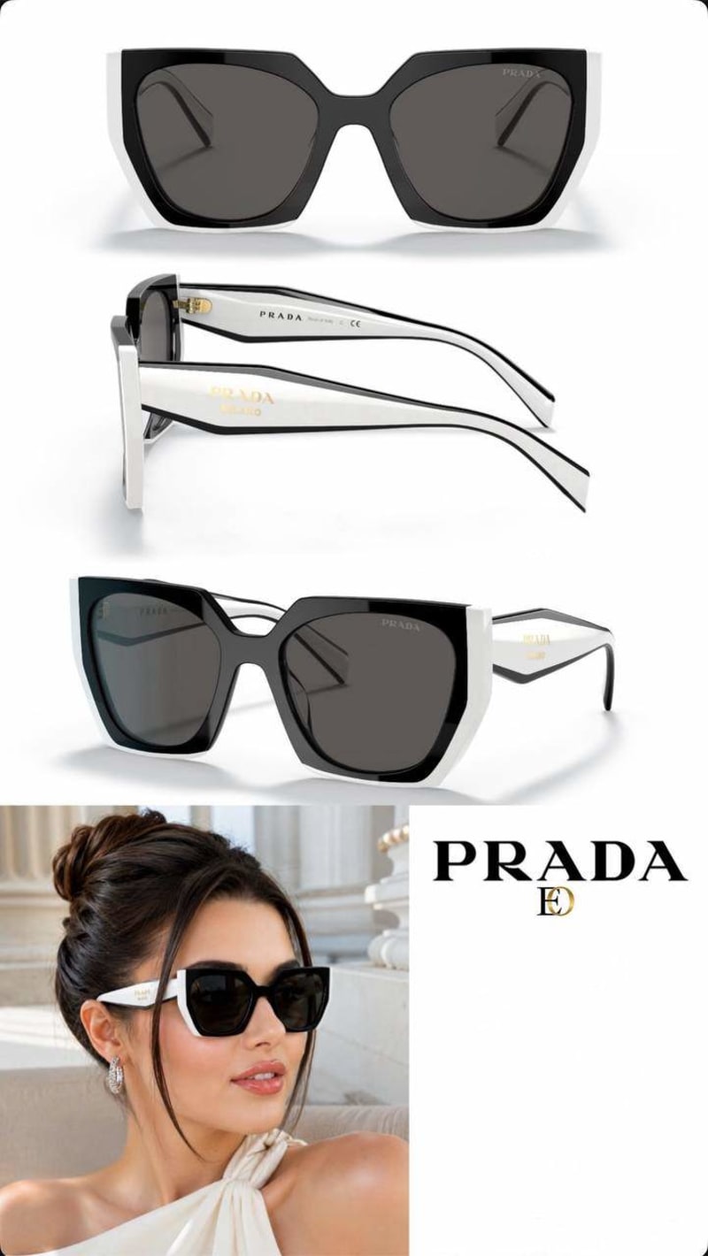 Prada Geometrik Çerçeveli Kadın Güneş Gözlüğü (Siyah/Beyaz)  - 1