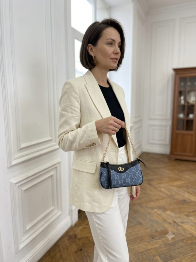 Gucci İkonik GG Desenli Mavi Denim ve Siyah Deri Detaylı Zincirli Mini Çanta - 1