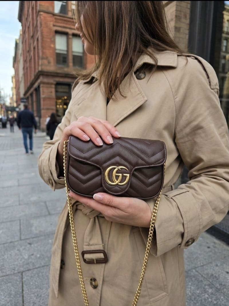 Gucci GG Marmont Matelassé Koyu Kahverengi Zincirli Çapraz Çanta - 1