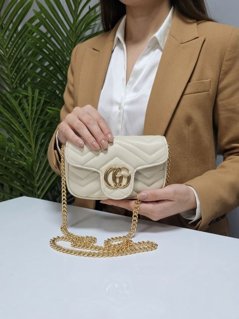 Gucci GG Marmont Matelassé Krem Deri Zincirli Süper Mini Çanta - 1
