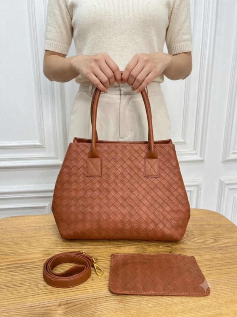 İkonik Örgü (Intrecciato) Desenli Taba Deri Geniş Tote Çanta ve Mini Cüzdan Seti - 1