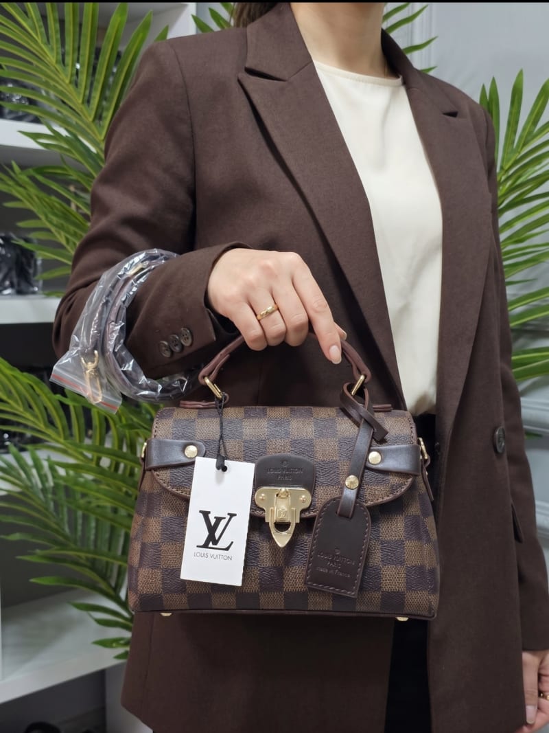 Louis Vuitton İkonik Damier Ebene Desenli Klasik El ve Çapraz Çanta - Altın Kilit Detaylı - 1