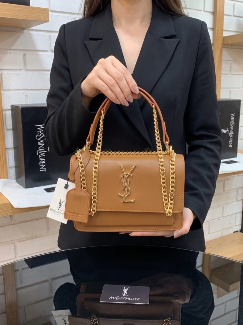 Yves Saint Laurent (YSL) Taba (Karamel) Deri Altın Logolu Zincirli Omuz çantası - 1