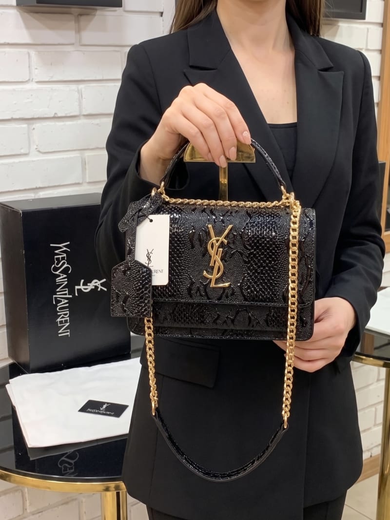 Yves Saint Laurent (YSL) Lüks Yılan Derisi Desenli Siyah Parlak Çanta - Altın Detaylı - 1