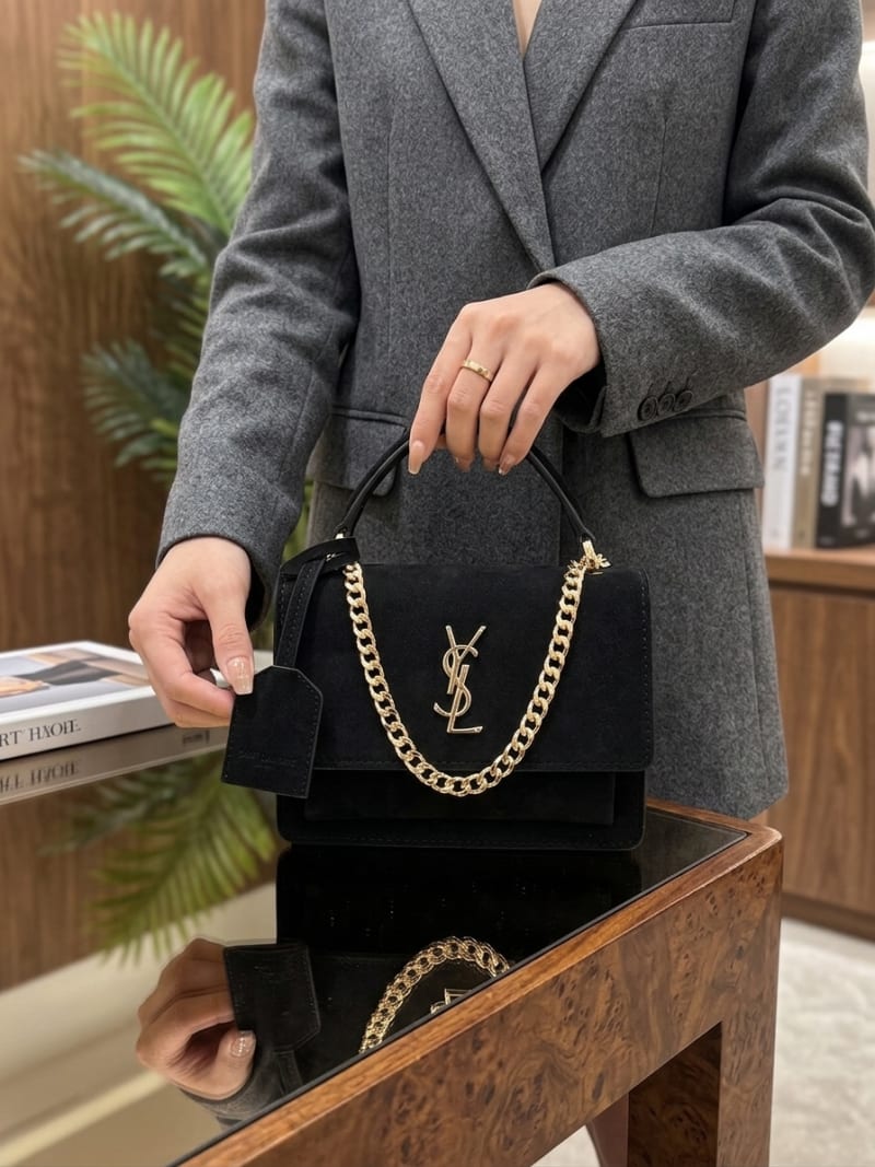 Yves Saint Laurent (YSL) Lüks Süet Siyah Deri Detaylı Altın Logolu Zincirli Çanta - 1