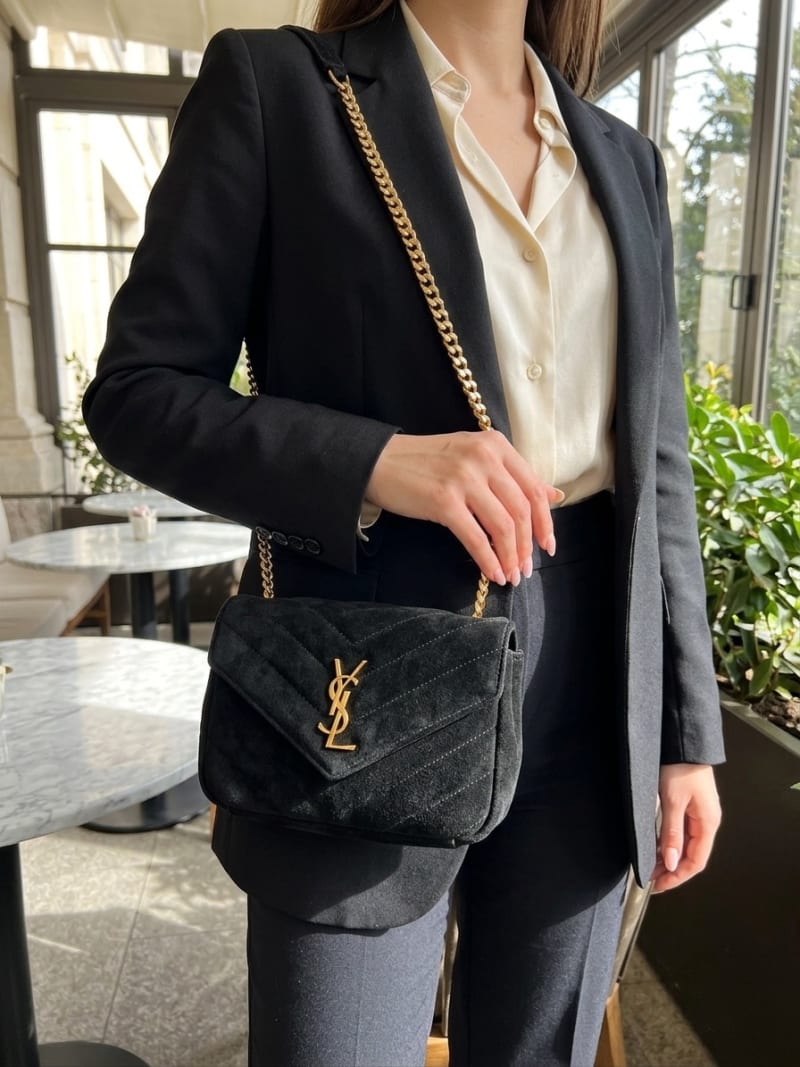 Yves Saint Laurent (YSL) Matelasse Chevron Süet Siyah Deri Altın Logolu Zincirli Çanta - 1