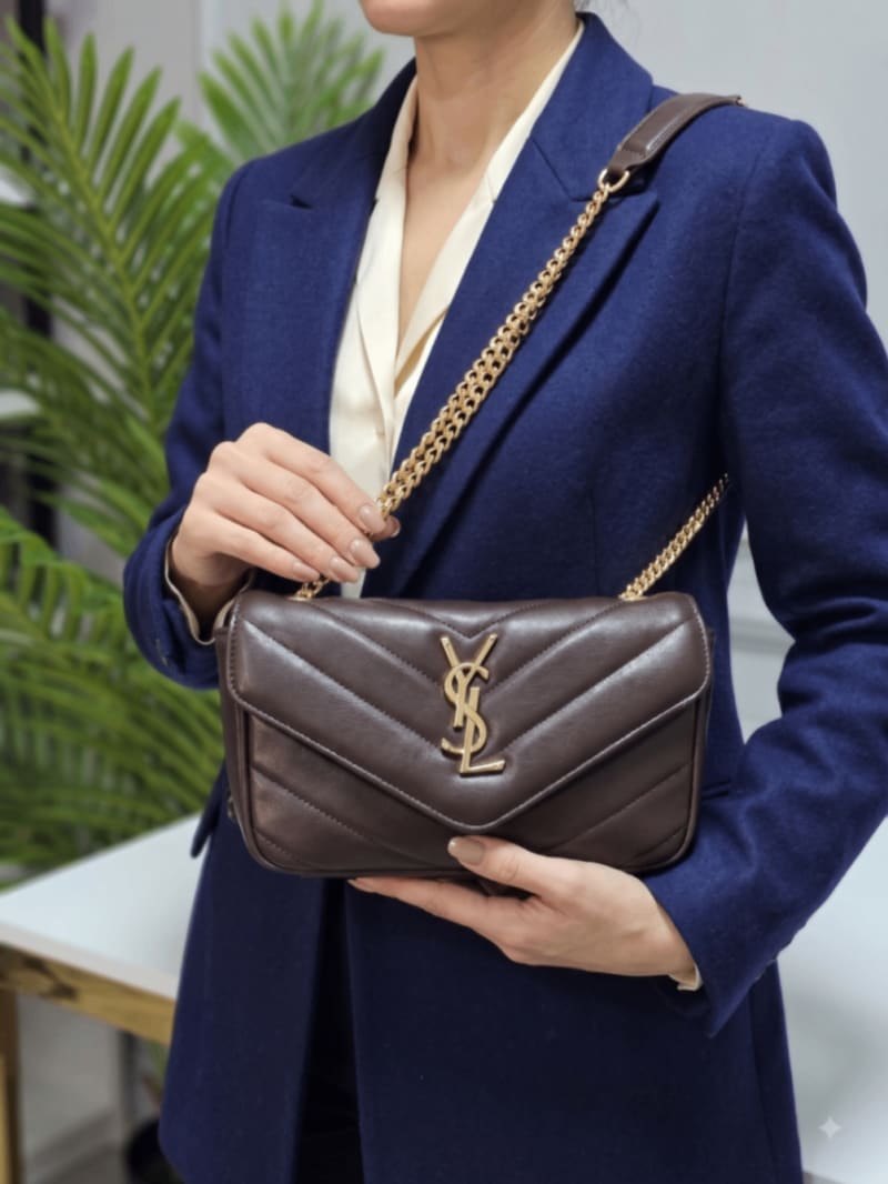 Yves Saint Laurent (YSL) Matelasse Chevron Koyu Kahverengi Deri Altın Logolu Zincirli Çanta - 1
