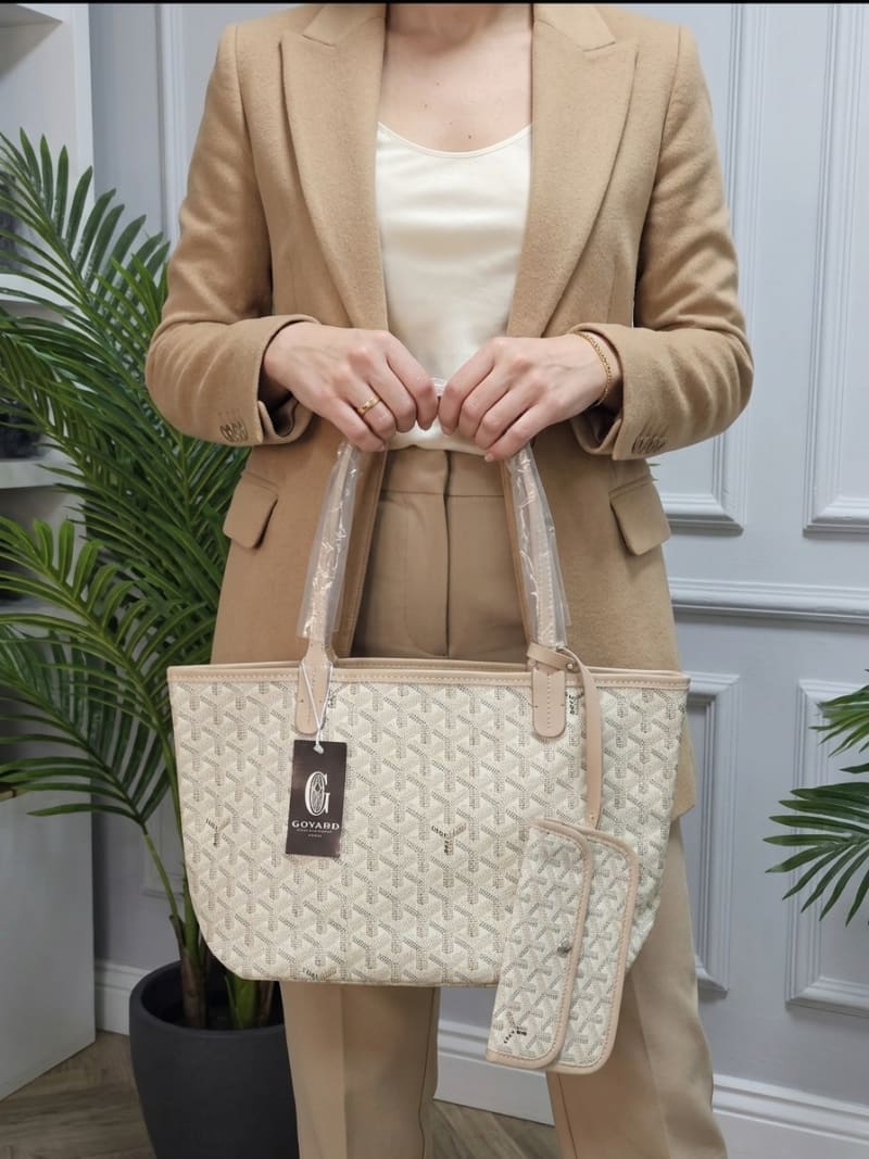 Goyard İkonik Goyardine Desenli Bej / Krem Büyük Boy Tote Omuz Çantası ve Cüzdan Seti - 1
