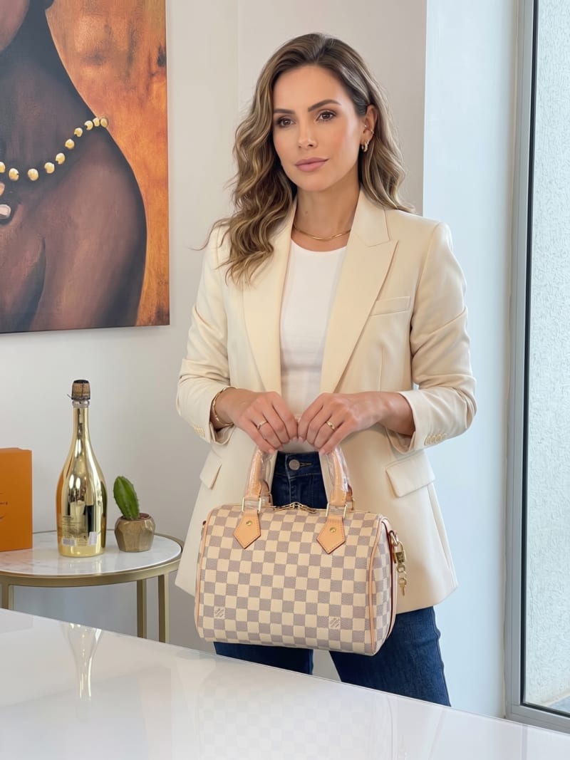 Damier Azur Desenli Krem ve Mavi Damalı Kadın El Çantası (Speedy Model) - 1