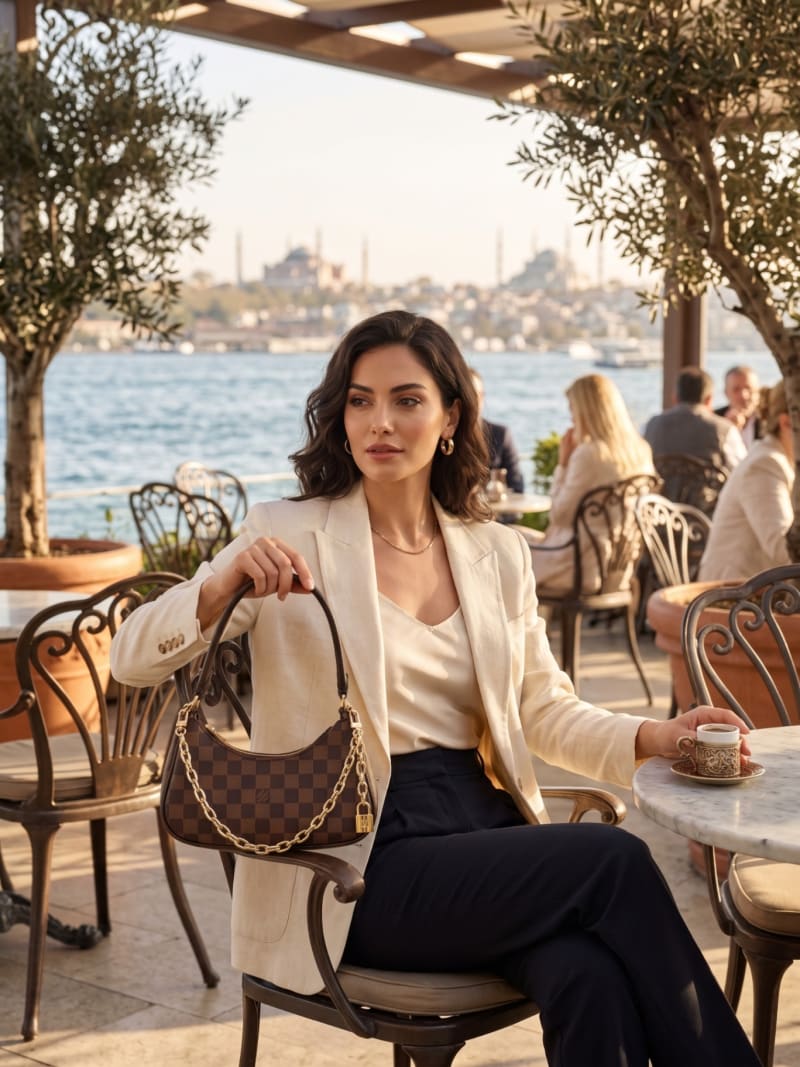 İkonik Kahverengi Damier Desenli Kadın Omuz Çantası - 1