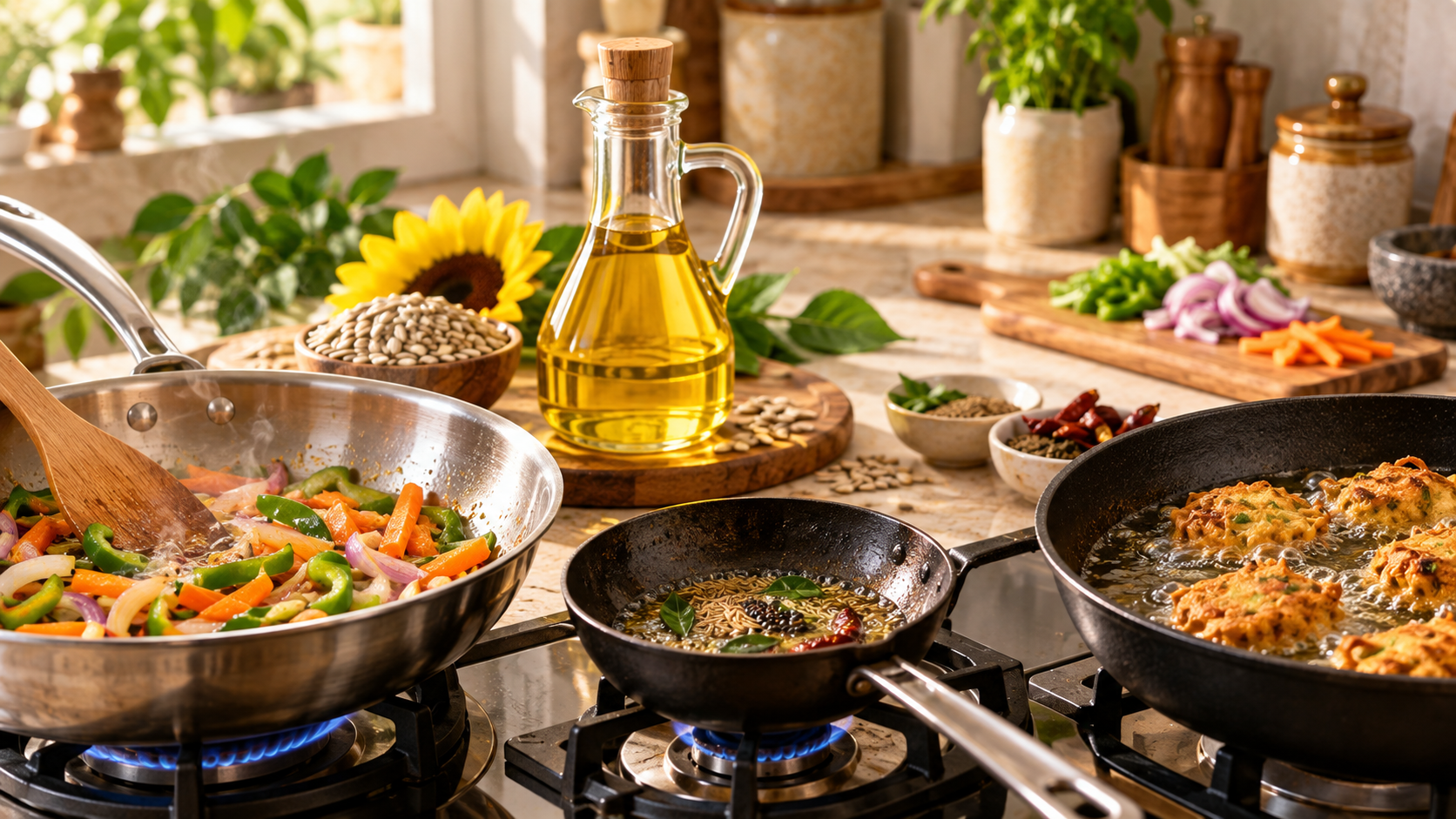 A variety of cooking methods on a stove including sauteing vegetables, tempering spices, and shallow frying, illustrating the versatility of sunflower oil.