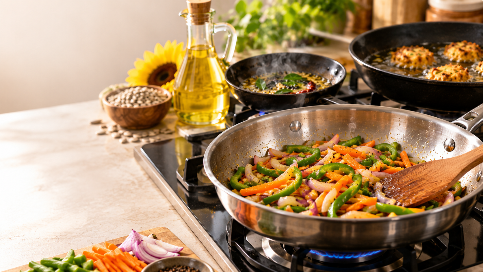 A close-up view of fresh vegetables being sautéed in a stainless steel pan using sunflower oil.