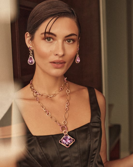 18kpink Gold  Kunzite 132.60 Cts Pink Saphires 12.81 Cts Dia 11.08 Ctw Necklace|18kpink Gold Kunzite 59.88 Cts Pink Sapphires 3.01 Cts Dia .94 Ctw Earring