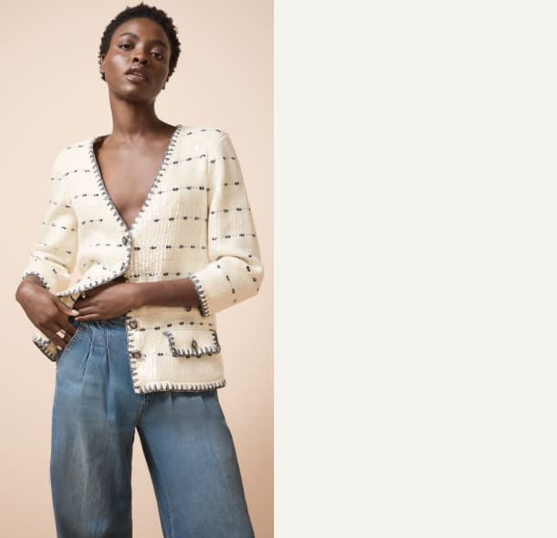 VERONICA BEARD OFF WHITE/NAVY KNIT JACKET WITH SEQUINS AND WIDE LEG DOUBLE PLEAT JEAN